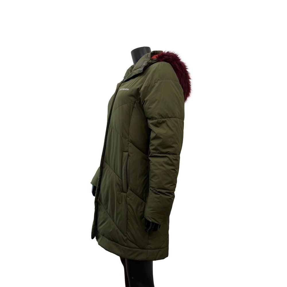 Columbia Women's Medium Green Long Puffer Coat Faux Fur Hood Omni-Shield Winter - Picture 4 of 13